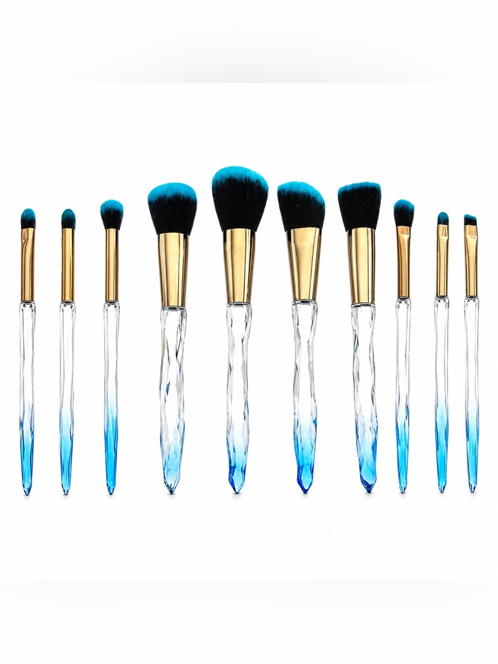 10 Ten Piece Royal Blue Teal Green Faceted Handle Makeup Brush Set